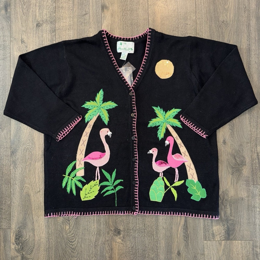 VTG NWT Quacker Factory Women's 2X Novelty Sweater Flamingo Palm Tree Tropical